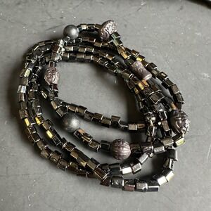 Beaded Stretch Bracelet Set of 4 Gunmetal Square Hematite Style Beads Boho OS‎
